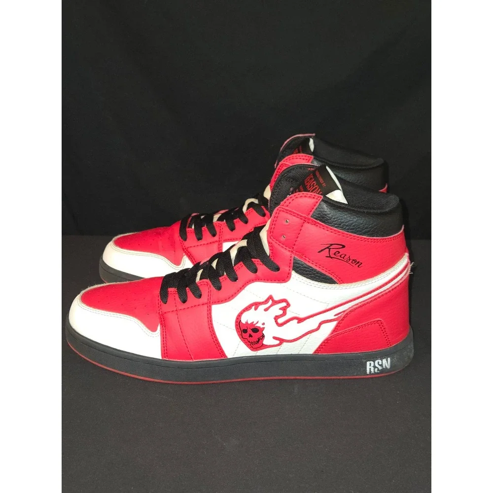 REASON Supply Co Mens Red White‎ High Top Skate Shoes Size 11 Skull Flame Logo